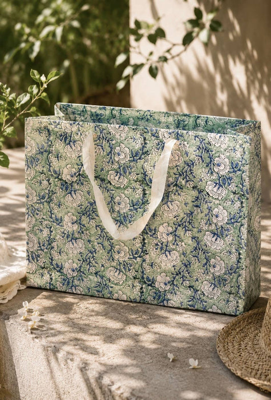 Large Set of 5 Hand Block Print Gift Bag - Mogra Mist