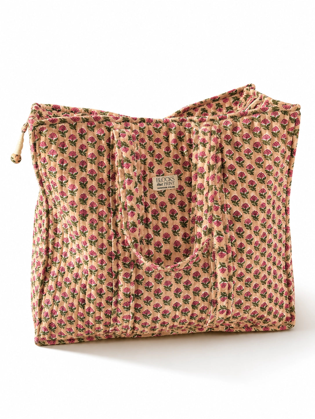 LARGE QUILTED HAND BLOCK PRINT TOTE BAG - PINK LOTUS