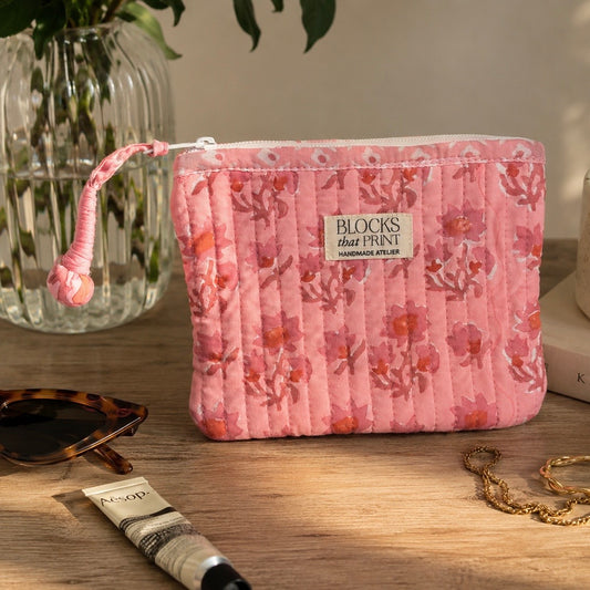 PINK DAISIES HAND BLOCK PRINT SMALL QUILTED FLAT POUCH