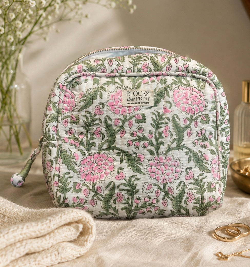 IVORY ROSE BLOCK PRINTED TRAVEL POUCH - LARGE