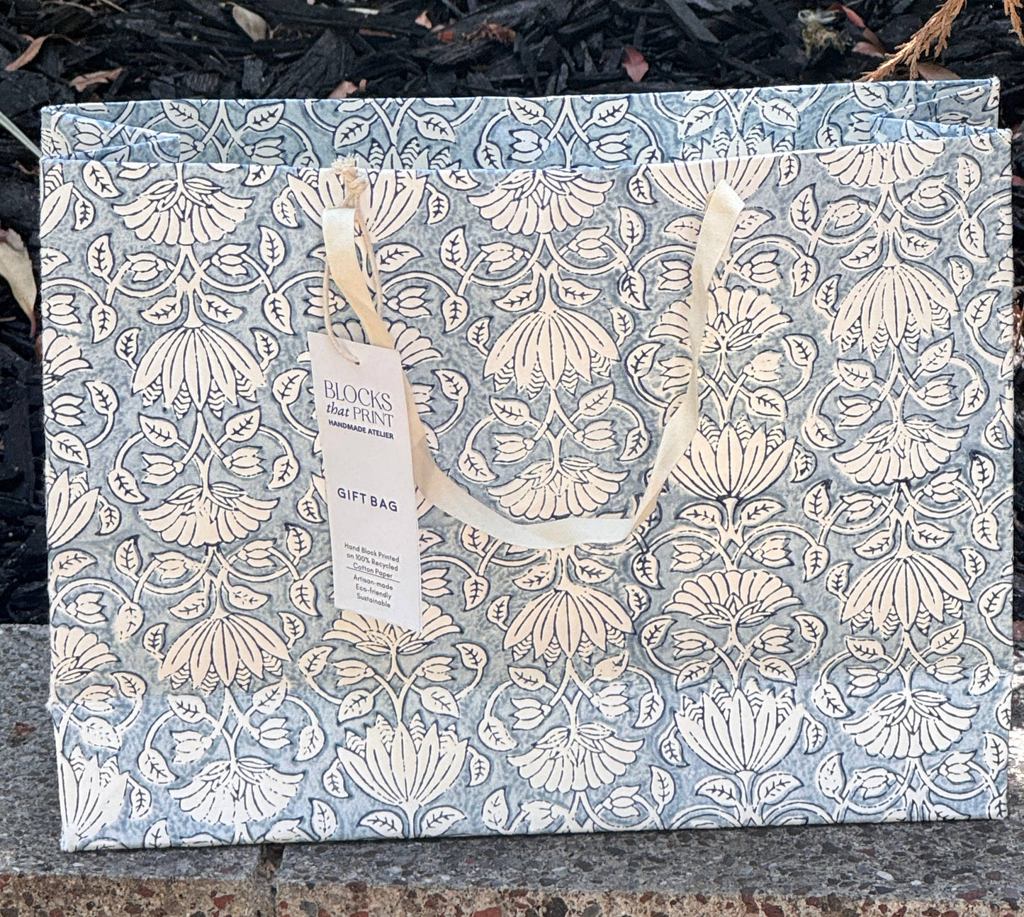 Large Set of 5 Hand Block Print Gift Bag - Lotus Blooms