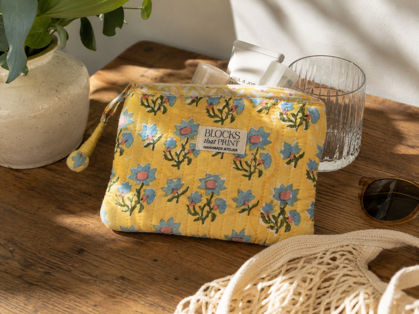 YELLOW DAISIES HAND BLOCK PRINT SMALL QUILTED FLAT POUCH