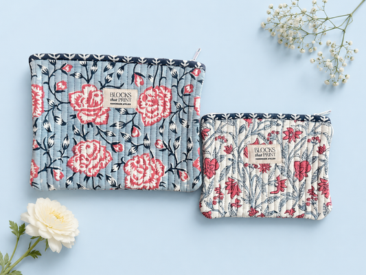 SET OF 2 HAND BLOCK PRINT QUILTED POUCHES - AMER GARDENS