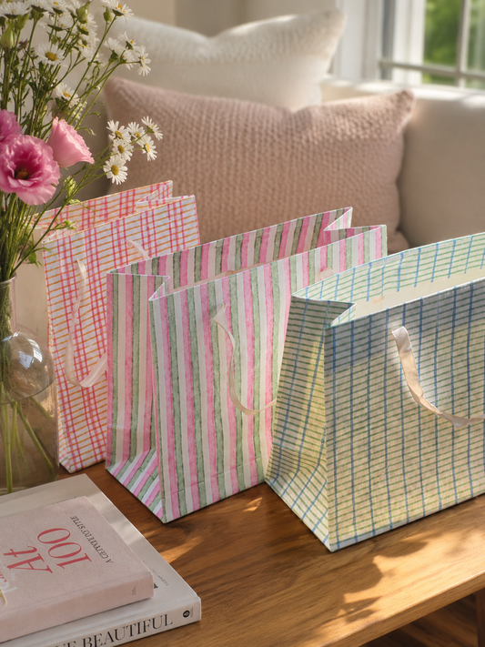 Medium Set of 6 Hand Block Print Gift Bag - Tartan Edit