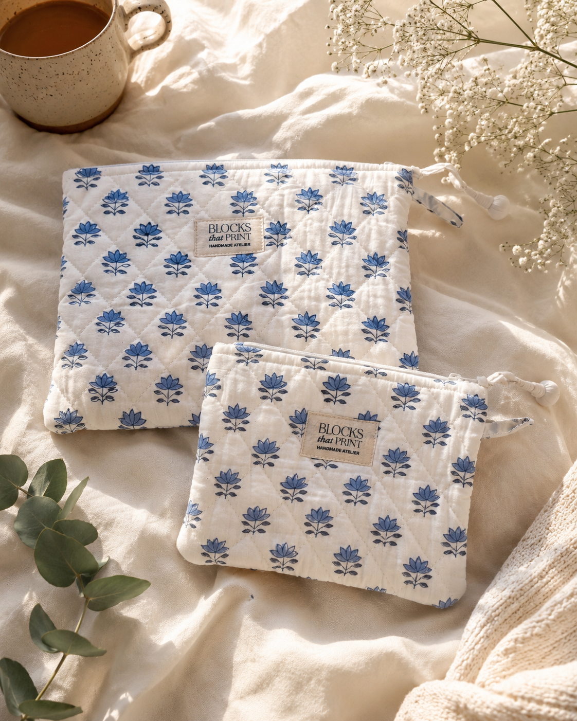 SET OF 2 HAND BLOCK PRINT QUILTED POUCHES - BLUE LOTUS