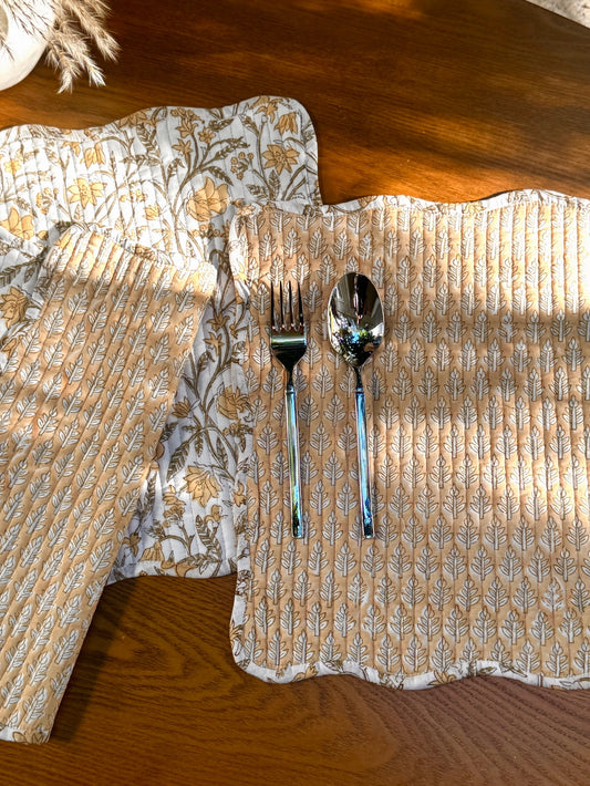 AMALTAS BLOCK PRINTED QUILTED REVERSIBLE TABLE MATS (SET OF TWO)