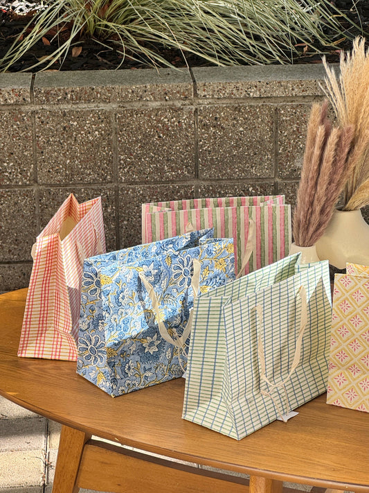 Large Set of 5 Hand Block Print Gift Bag - Lotus Blooms