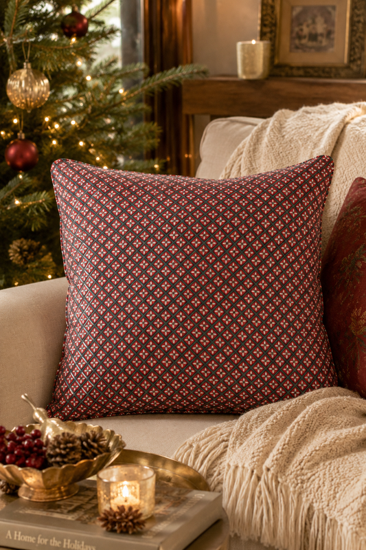 Holly & Berry Holiday Crimson Piped Blockprint Pillow Cover