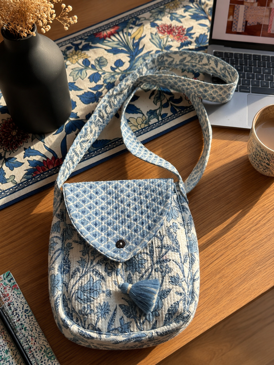 HAND BLOCK PRINT CROSSBODY BAG - MEGH BLUE