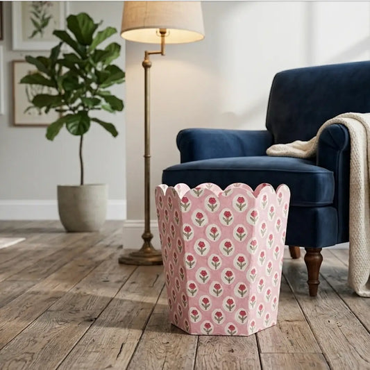 PRE ORDER - HAND BLOCK PRINT STORAGE/WASTE BIN (COLLAPSIBLE) - TULIPS