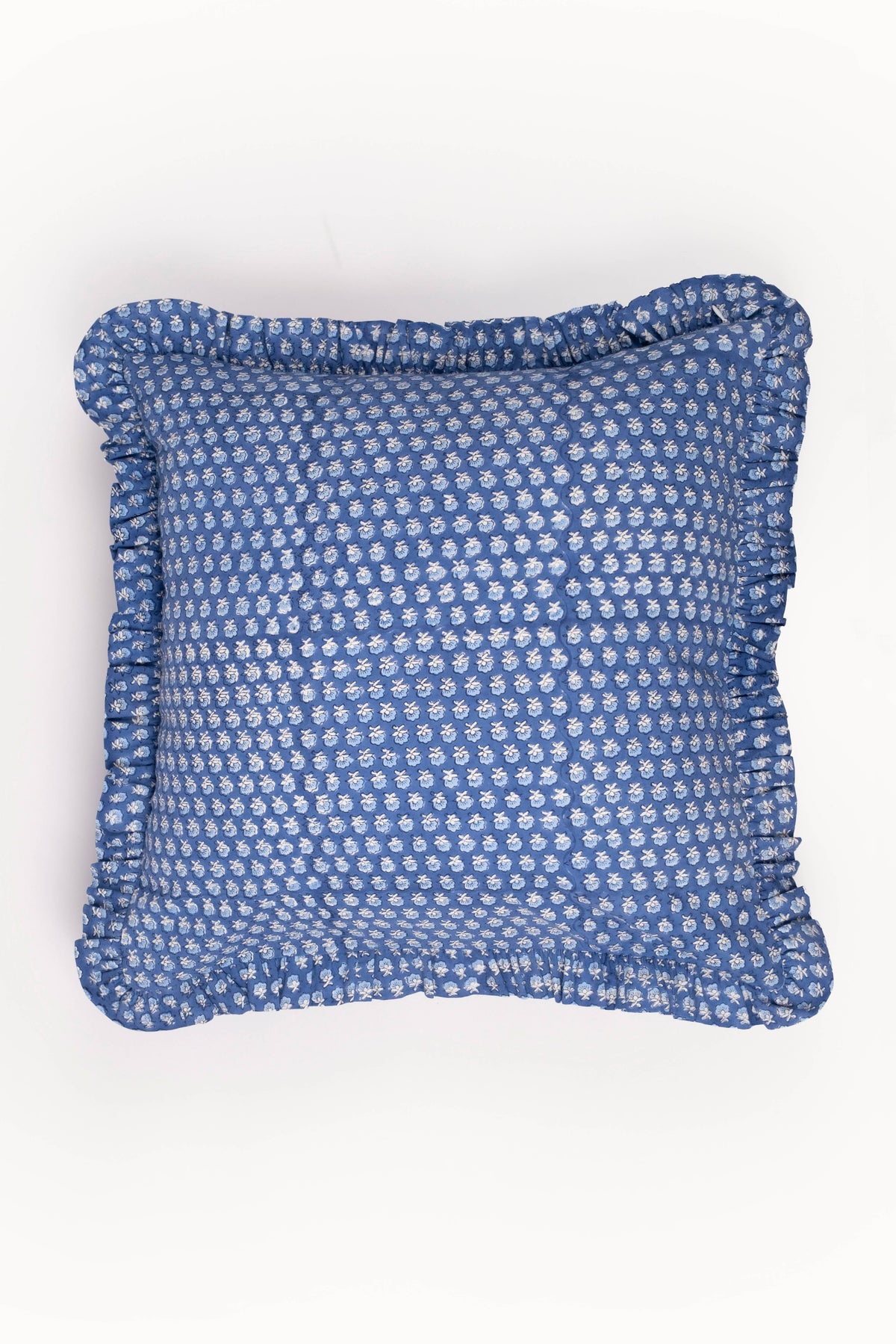Parijat Blue Ruffle Blockprint Blue Pillow Cover
