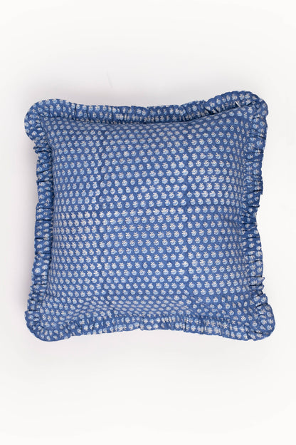Parijat Blue Ruffle Blockprint Blue Pillow Cover