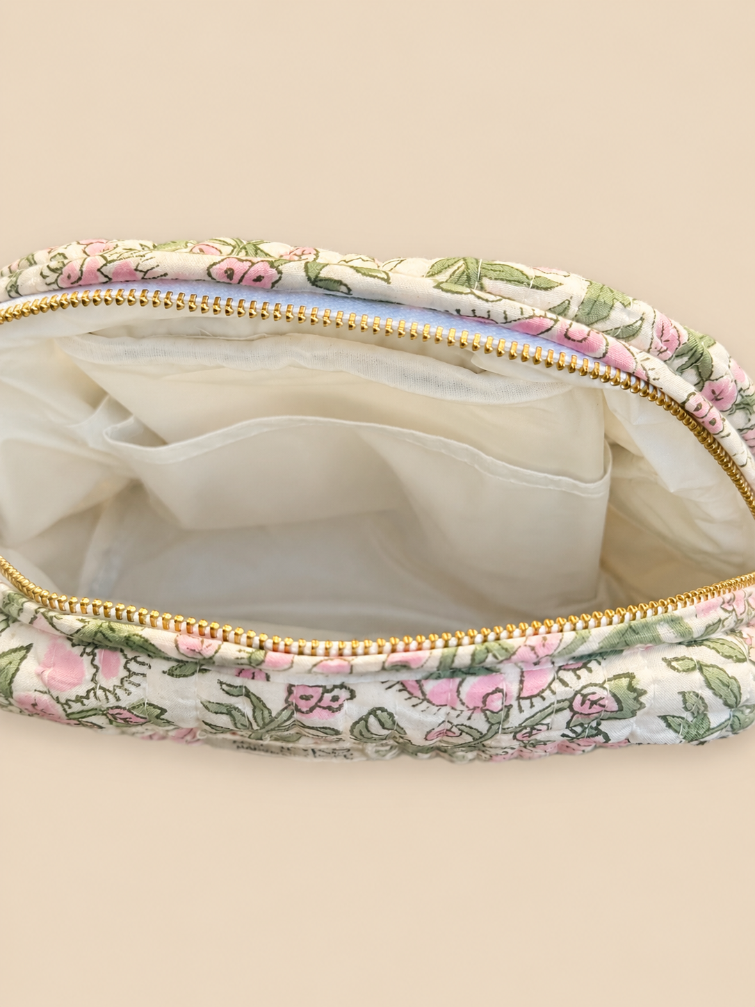 IVORY ROSE BLOCK PRINTED TRAVEL POUCH - LARGE