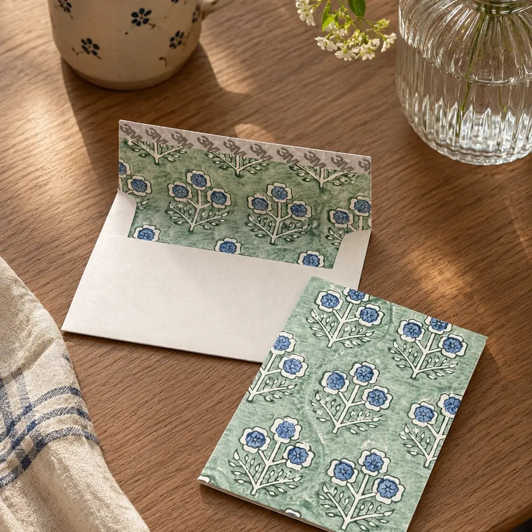 HAND BLOCK PRINT MOGRA GREEN ENVELOPED CARDS (SET OF 4)