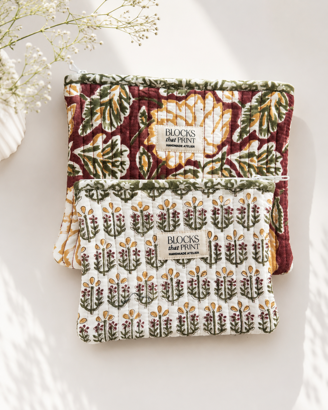 Set of 2 Hand Block Print Quilted Pouches - Burgundy