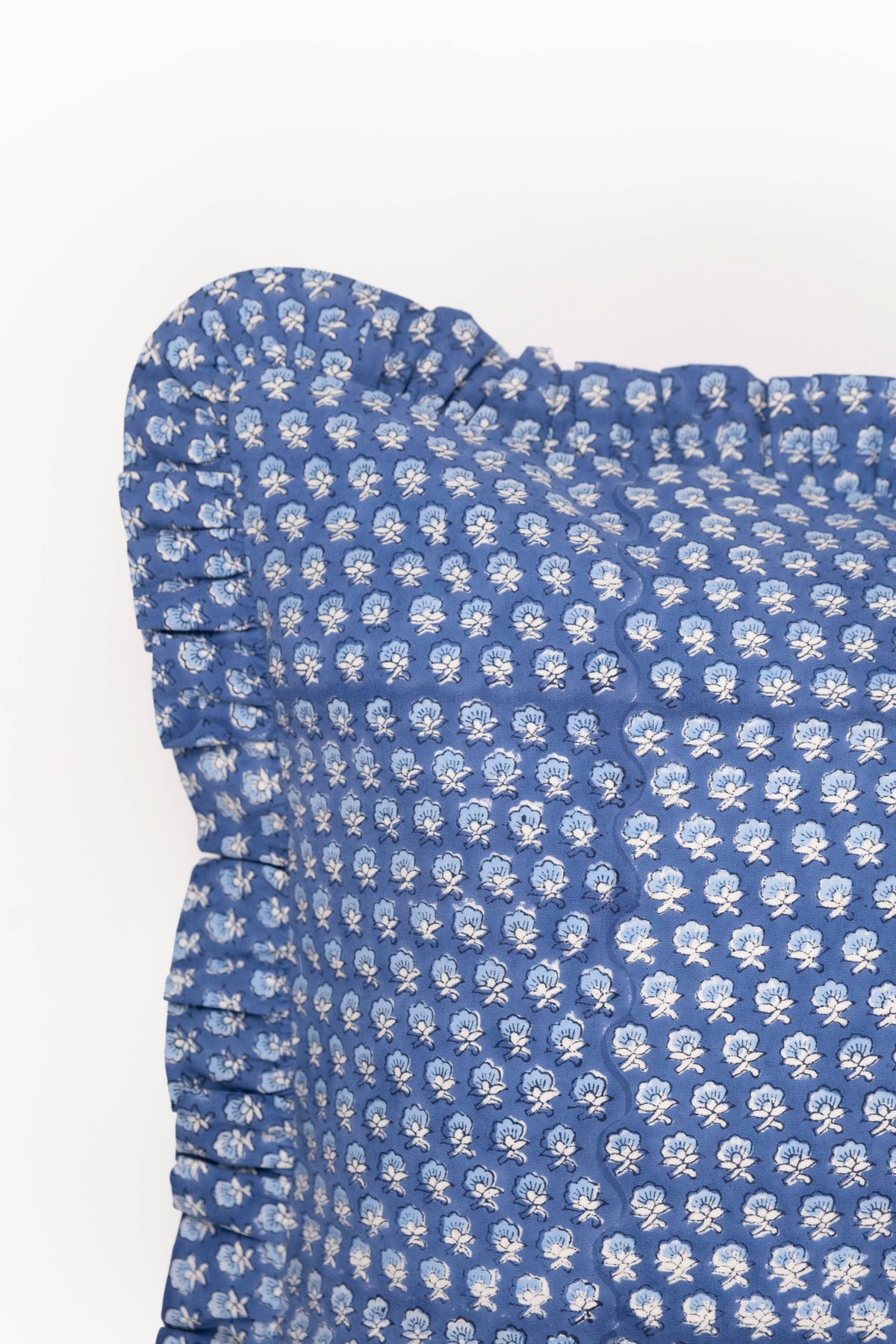 Parijat Blue Ruffle Blockprint Blue Pillow Cover