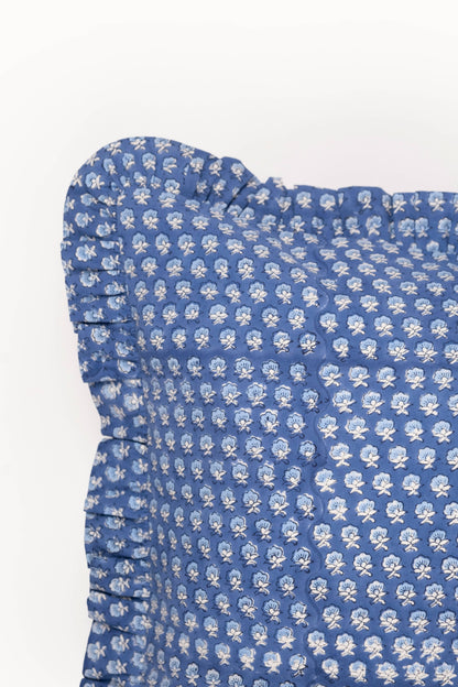 Parijat Blue Ruffle Blockprint Blue Pillow Cover