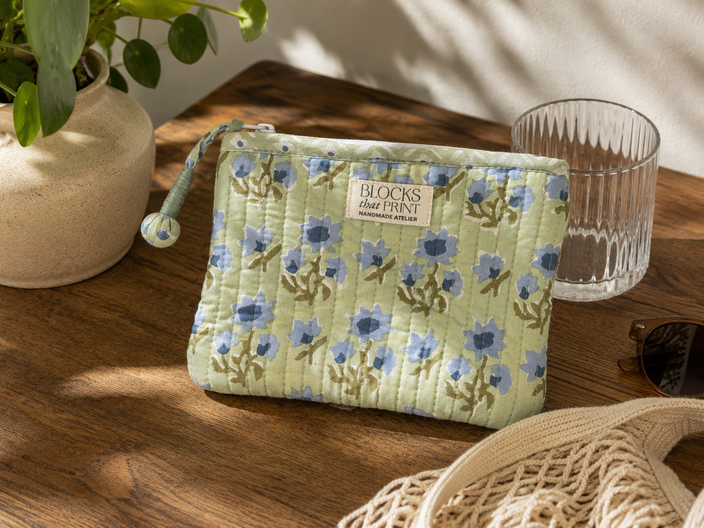 GREEN DAISIES HAND BLOCK PRINT SMALL QUILTED FLAT POUCH