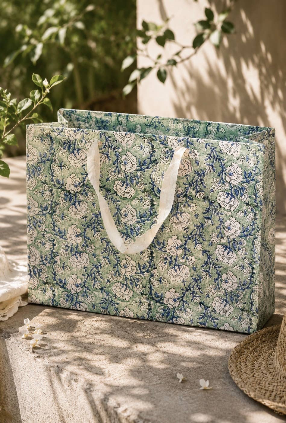 Large Set of 5 Hand Block Print Gift Bag - Mogra Mist