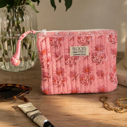 PINK DAISIES HAND BLOCK PRINT SMALL QUILTED FLAT POUCH