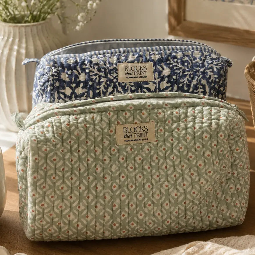 GEOMETRIC GREEN BLOCK PRINTED TRAVEL POUCH - LARGE