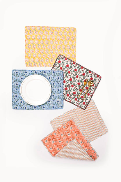 Parijat Ocean Blue Reversible Blockprint Placemats-Set of 2