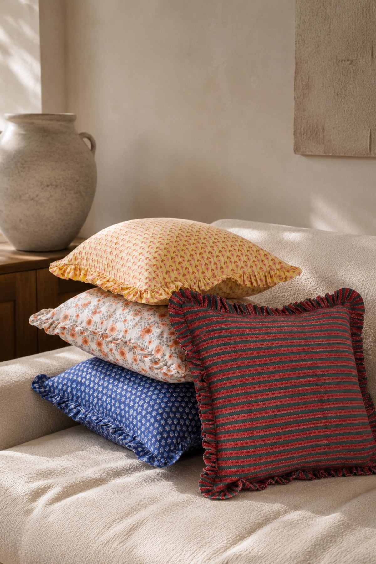 Parijat Blue Ruffle Blockprint Blue Pillow Cover