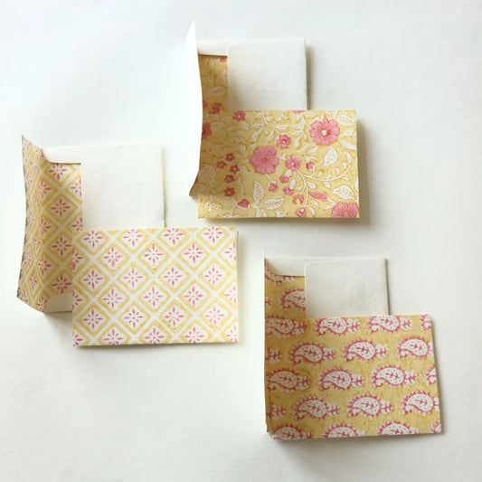 HAND BLOCK PRINT MOGRA GREEN ENVELOPED CARDS (SET OF 4)
