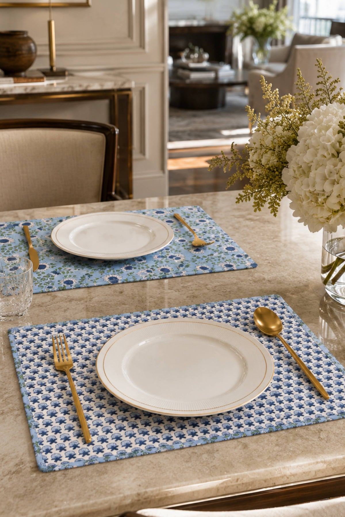 Parijat Ocean Blue Reversible Blockprint Placemats-Set of 2