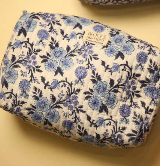 INDIGO BLOCK PRINTED TRAVEL POUCH - LARGE