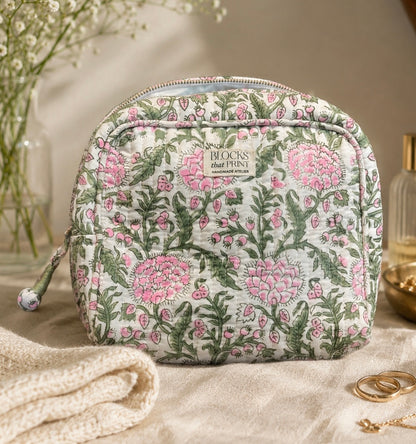 IVORY ROSE BLOCK PRINTED TRAVEL POUCH - LARGE