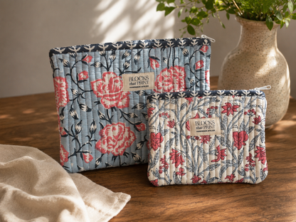 SET OF 2 HAND BLOCK PRINT QUILTED POUCHES - AMER GARDENS