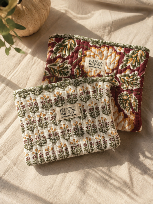 Set of 2 Hand Block Print Quilted Pouches - Burgundy