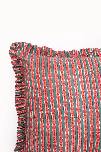 Mulled Spice Holiday Crimson Ruffle Blockprint Pillow Cover