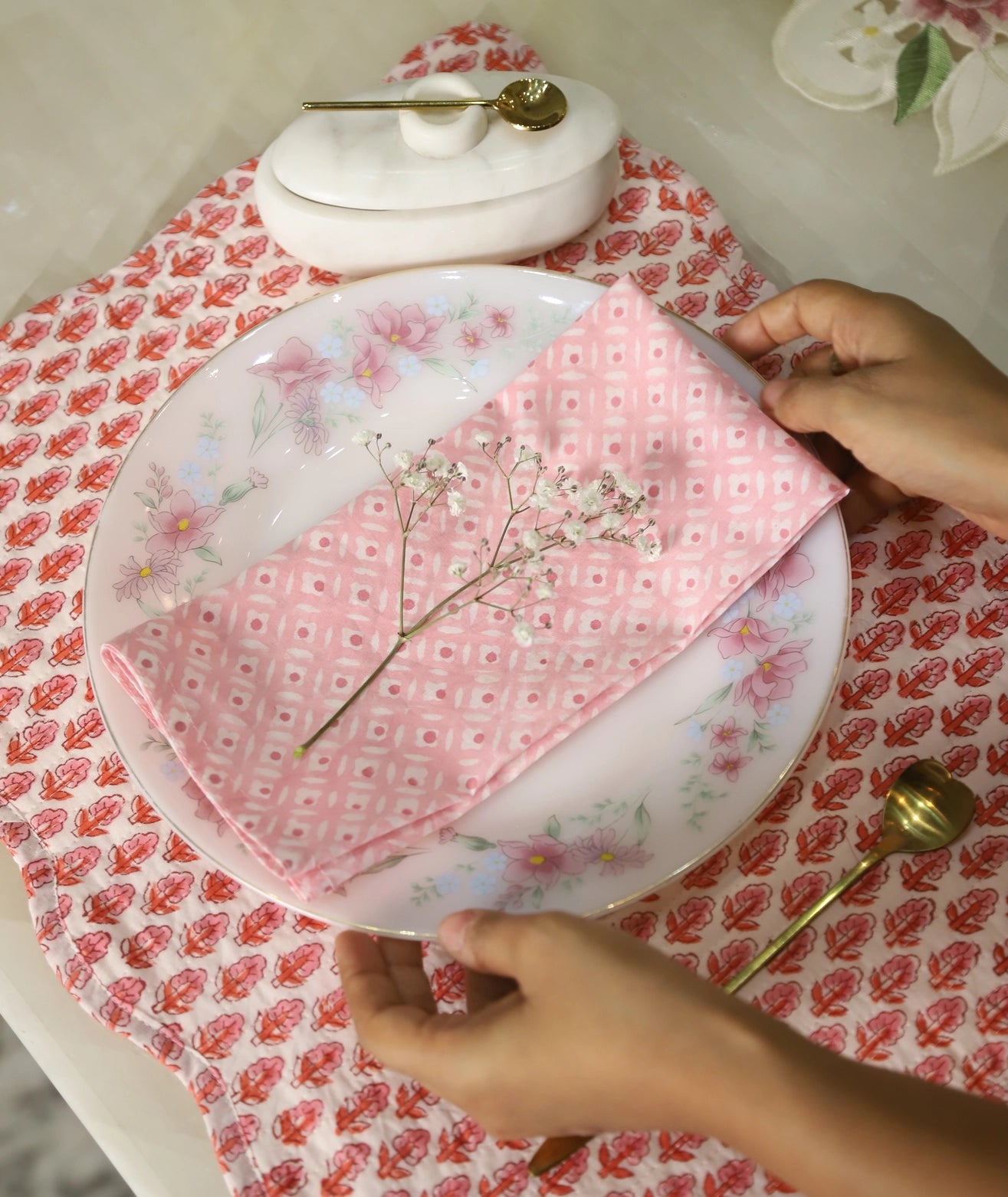 BOUGAINVILLEA BLOCK PRINTED QUILTED REVERSIBLE TABLE MATS (SET OF TWO)