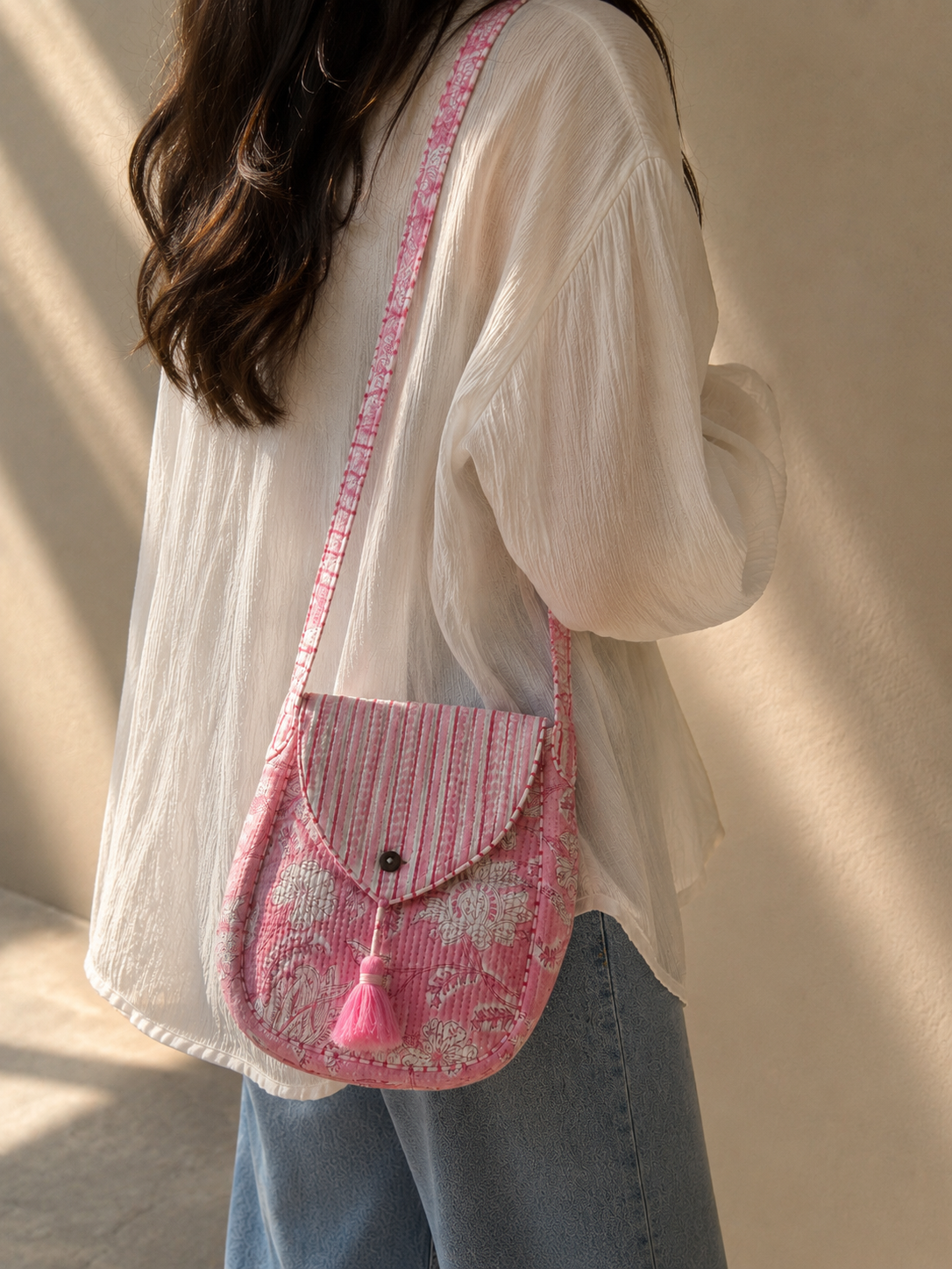 HAND BLOCK PRINT CROSSBODY BAG - MEHER PINK
