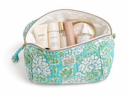 MINT & AQUA BLOCK PRINTED TRAVEL POUCH - LARGE