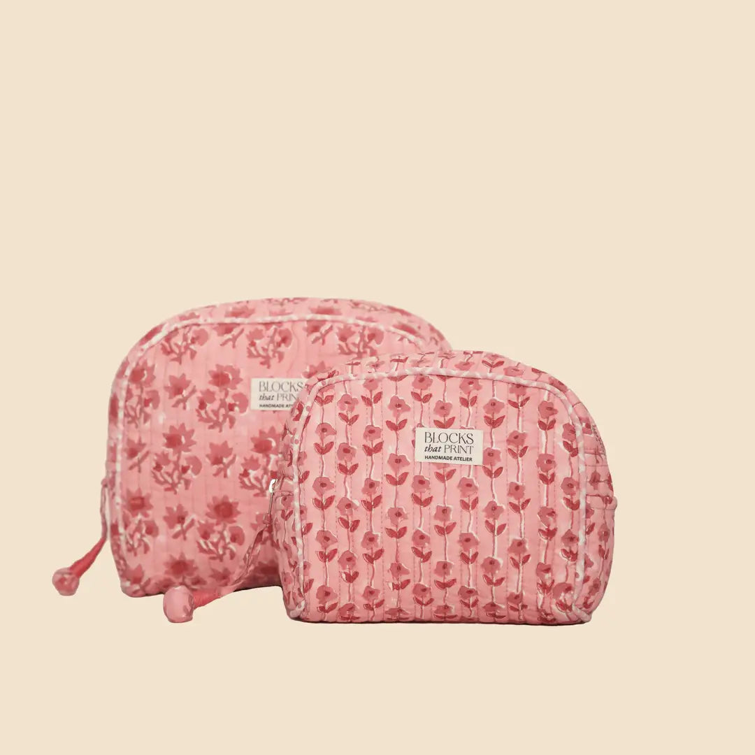 PINK BLOOM BLOCK PRINTED TRAVEL POUCH - MEDIUM