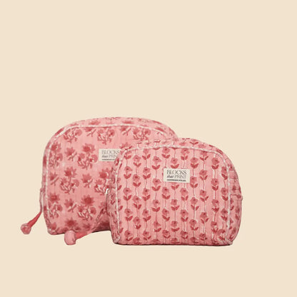 PINK BLOOM BLOCK PRINTED TRAVEL POUCH - MEDIUM