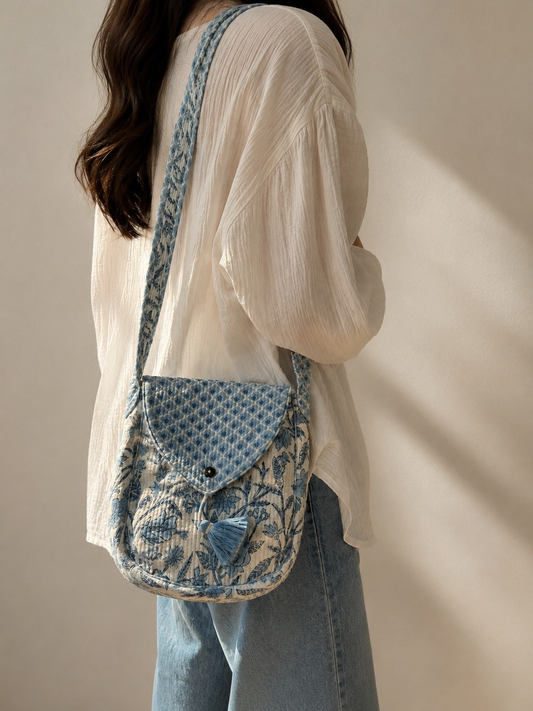 HAND BLOCK PRINT CROSSBODY BAG - MEGH BLUE