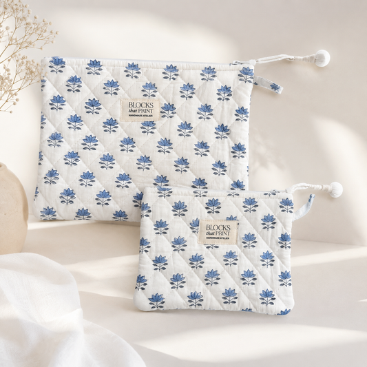 SET OF 2 HAND BLOCK PRINT QUILTED POUCHES - BLUE LOTUS