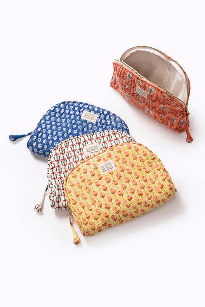 Medium Block Print Quilted Travel Pouch - Parijat Blue