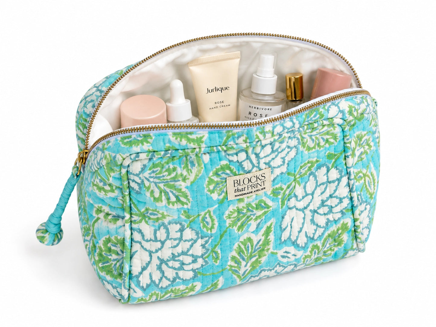 MINT & AQUA BLOCK PRINTED TRAVEL POUCH - LARGE