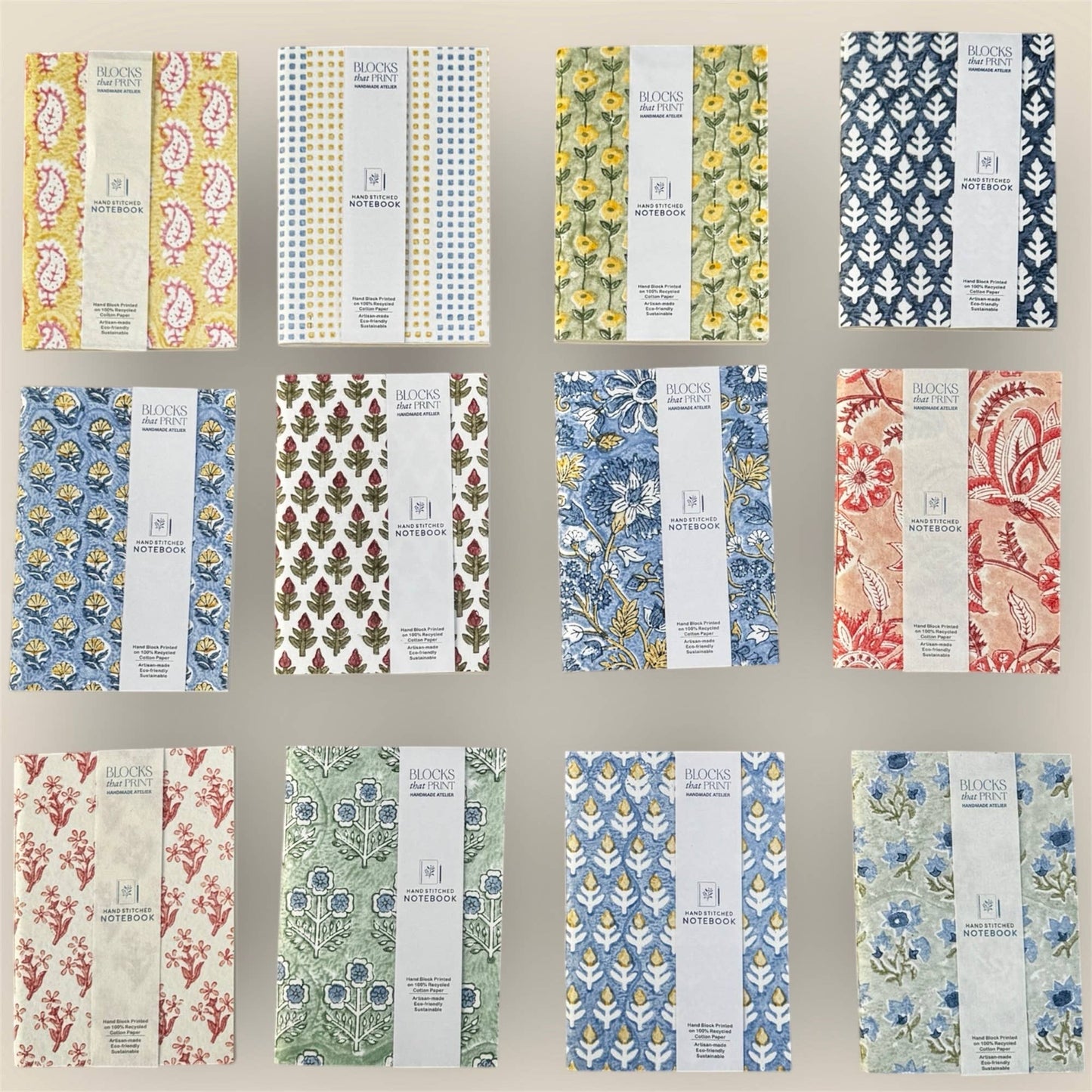 Hand Block Print Journal Medium Dotted Yellow Blue
