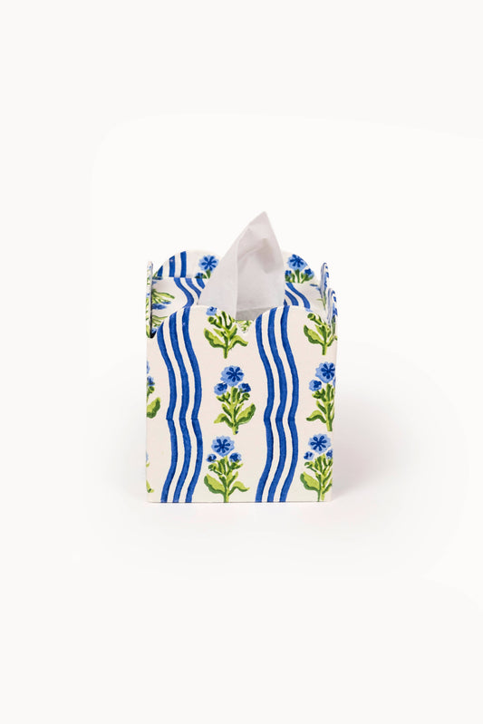 Block Print Tissue Box Cover- Leher Blue (Collapsible)