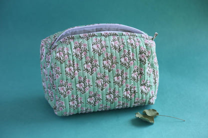 Green Bougainvillea Hand Block Print Pouch - Large