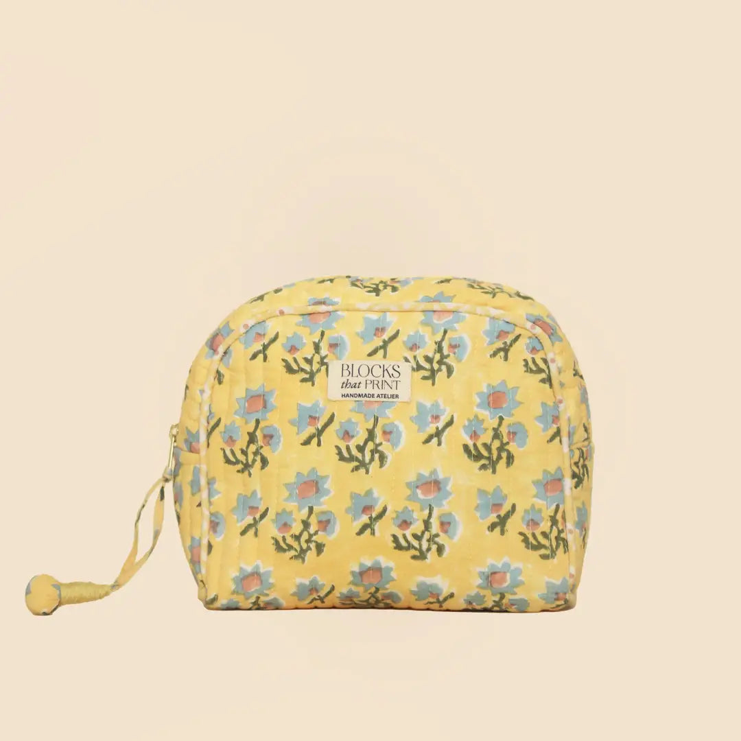 YELLOW BLOOM BLOCK PRINTED TRAVEL POUCH - MEDIUM