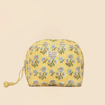 YELLOW BLOOM BLOCK PRINTED TRAVEL POUCH - MEDIUM