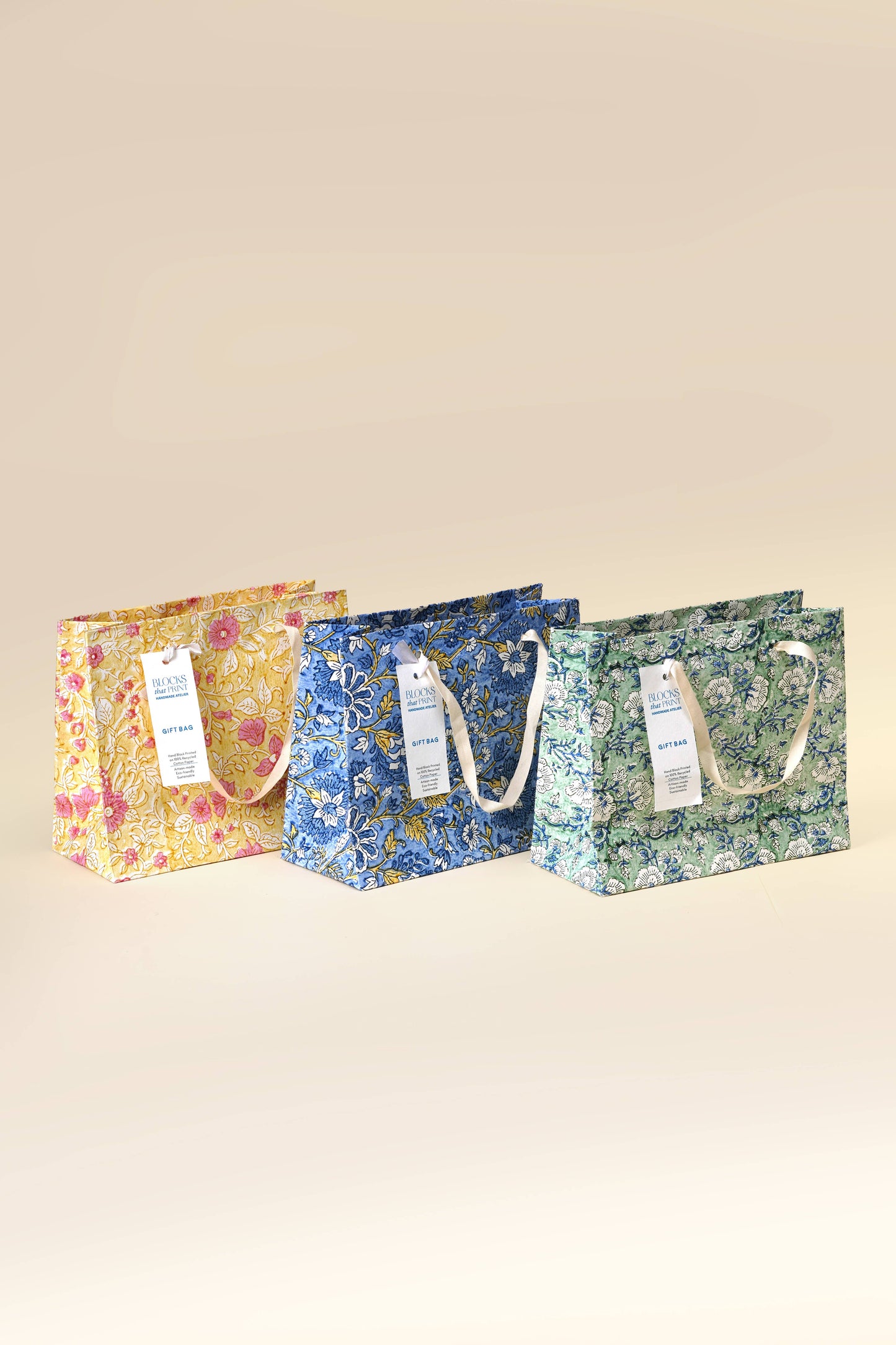 Medium Set of 6 Hand Block Print Gift Bag - Heirloom Motifs