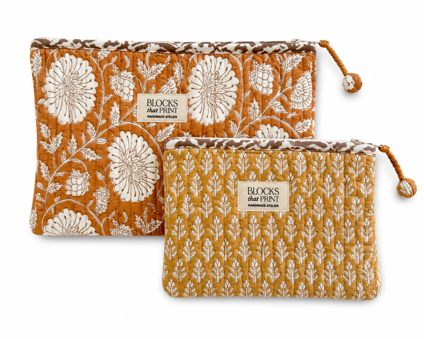SET OF 2 HAND BLOCK PRINT QUILTED POUCHES - KESARIYA